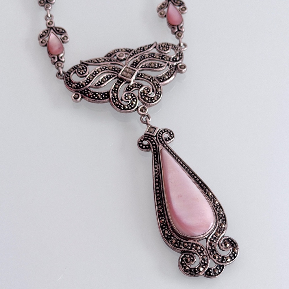 Vintage Art Deco 925 Sterling Silver Pink Mother of Pearl Pendant Necklace